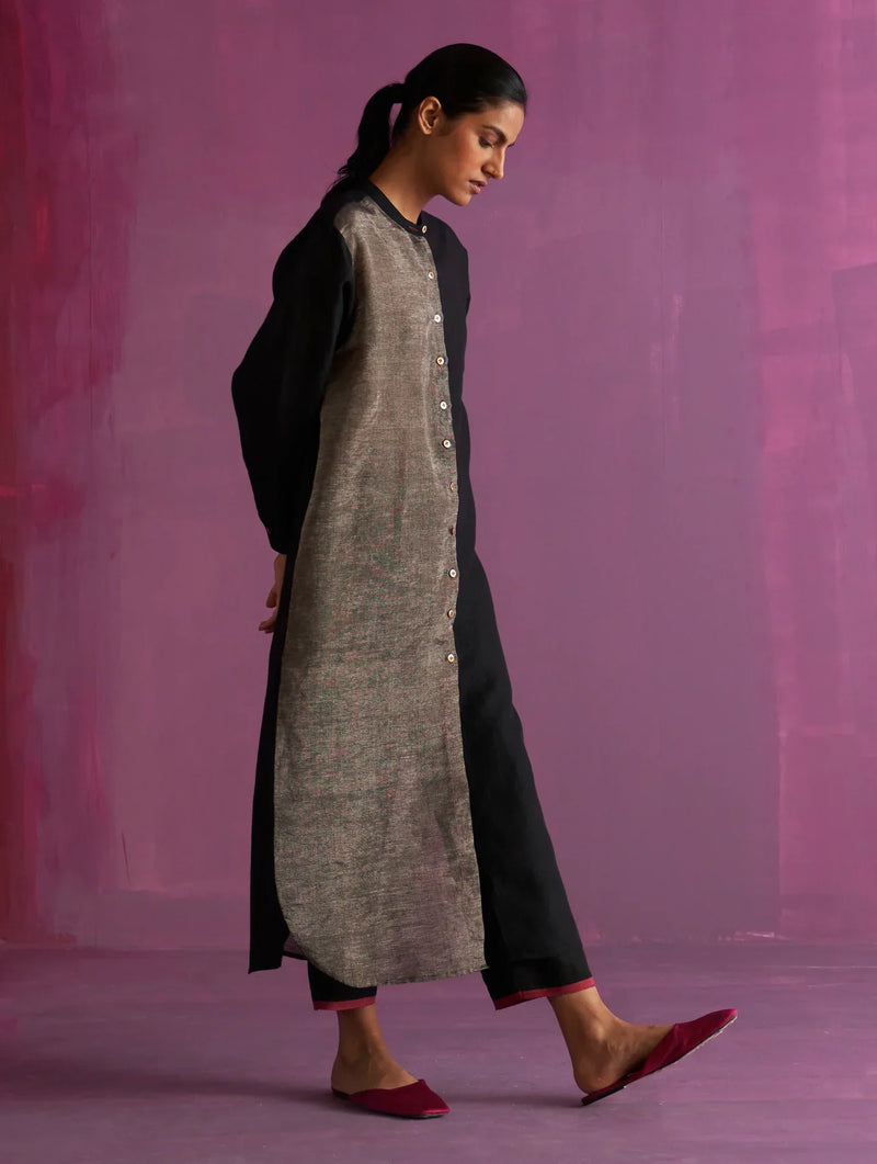 Clara Metallic Shirt Co-ord Set - Black linen by Manan in black color for women Worldwide