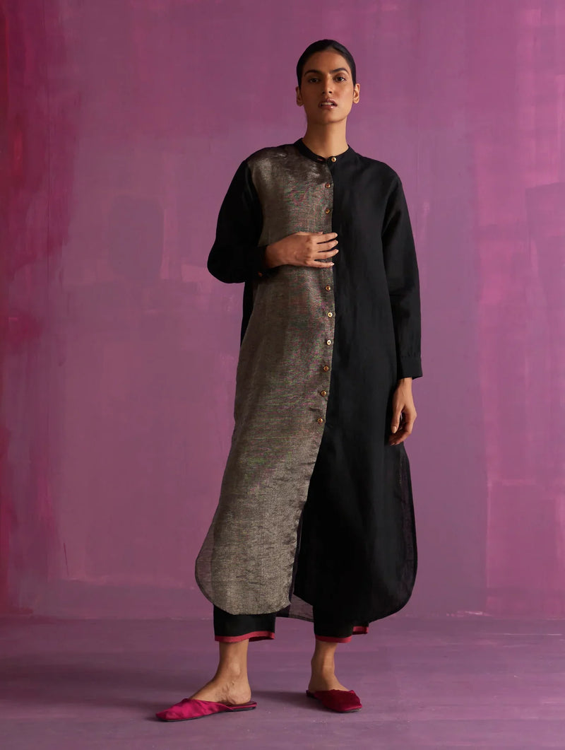 Clara Metallic Shirt Kurta - Black linen by Manan in black color for women Worldwide