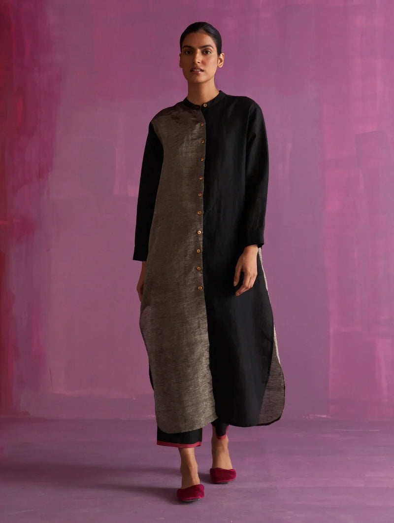 Clara Metallic Shirt Co-ord Set - Black linen by Manan in black color for women Worldwide