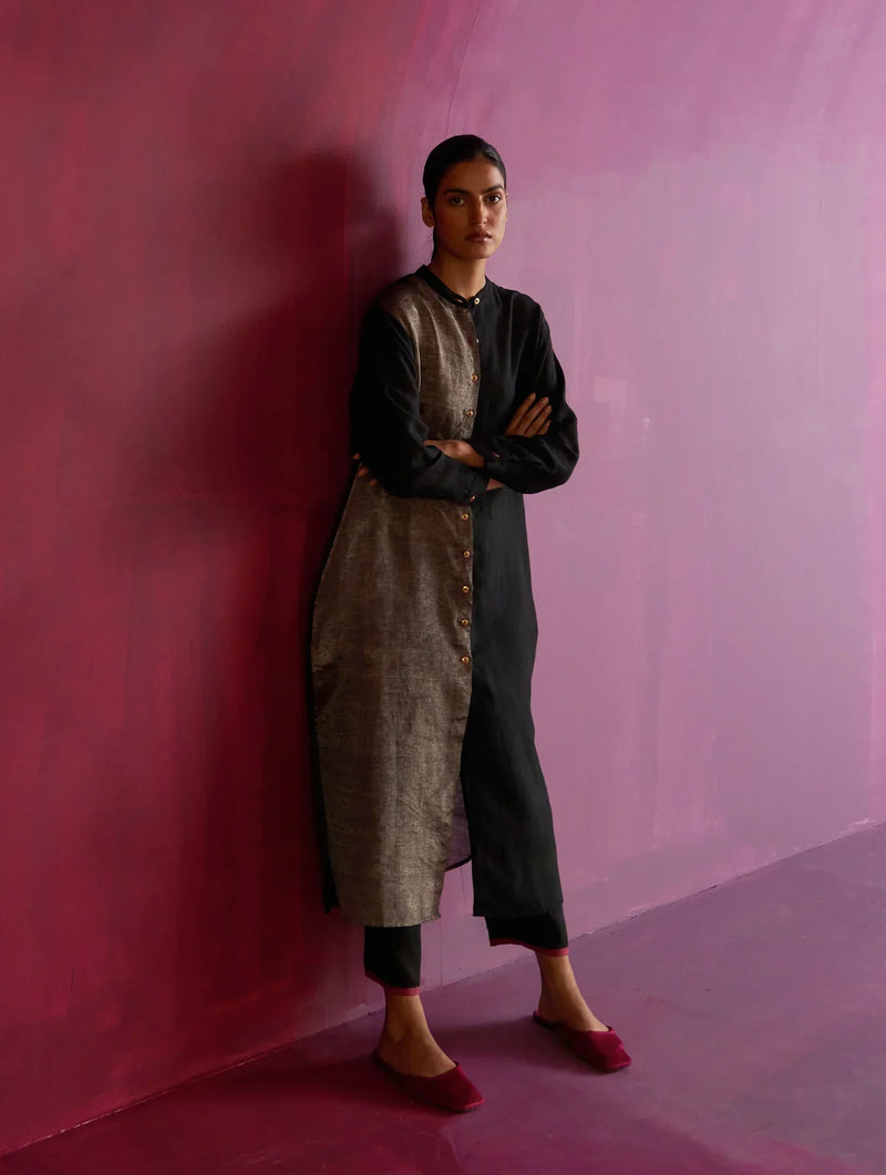 Clara Metallic Shirt Kurta - Black linen by Manan in black color for women Worldwide