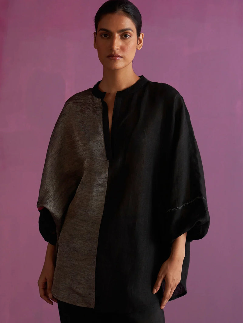 Ana Metallic Linen Co-ord Set - Black linen by Manan in black color for women Worldwide