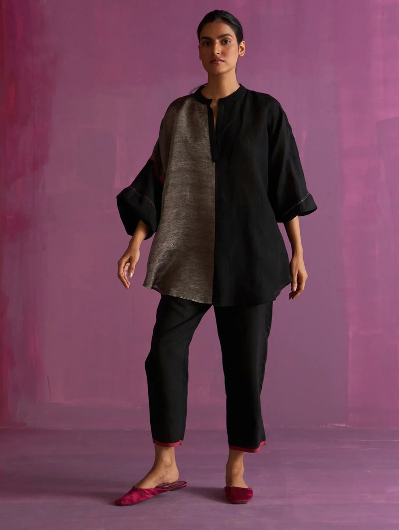 Ana Metallic Linen Co-ord Set - Black linen by Manan in black color for women Worldwide