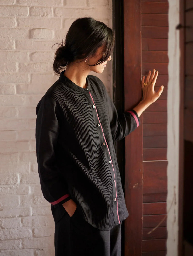 Mio Pintuck Co-ord Set - Black linen by Manan in black color for women Worldwide