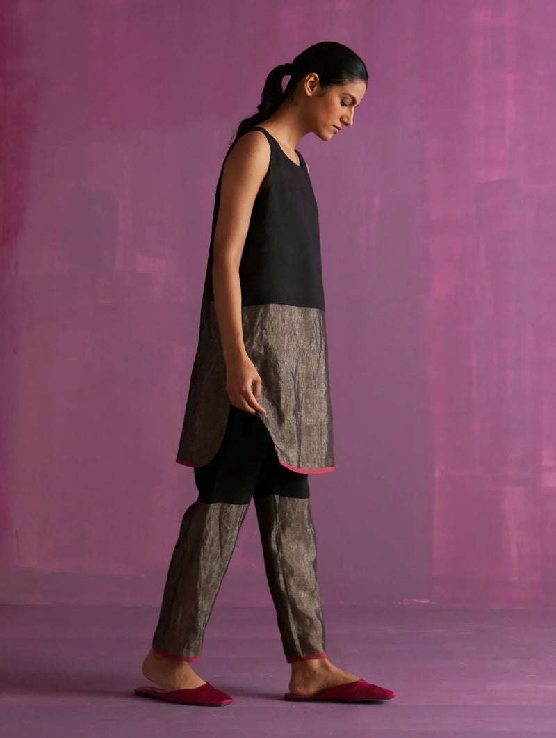 Keri Sleeveless Linen Kurta Set - Black linen by Manan in black color for women Worldwide