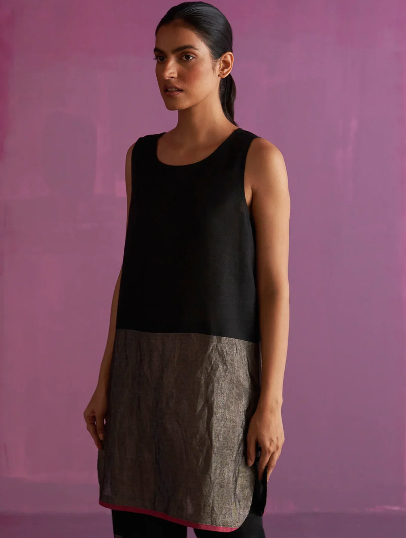 Keri Sleeveless Linen Kurta Set - Black linen by Manan in black color for women Worldwide