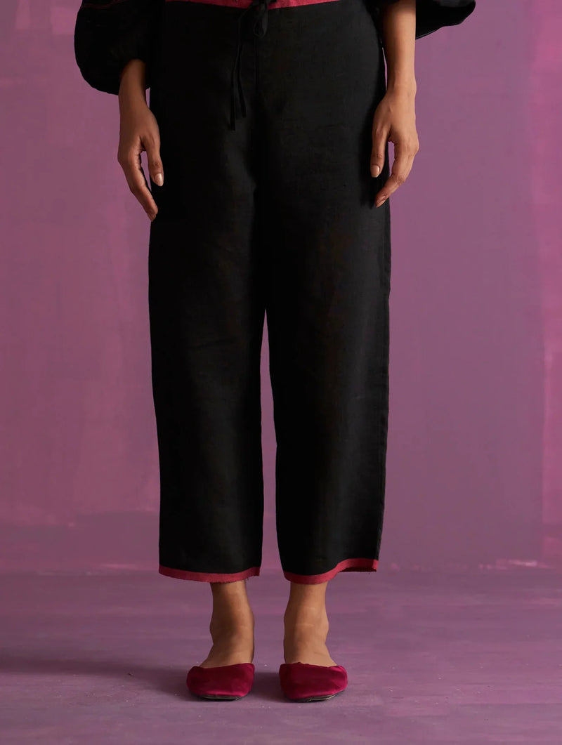 Ansa Tapered Linen Pant - Black by Manan in black color for women Worldwide