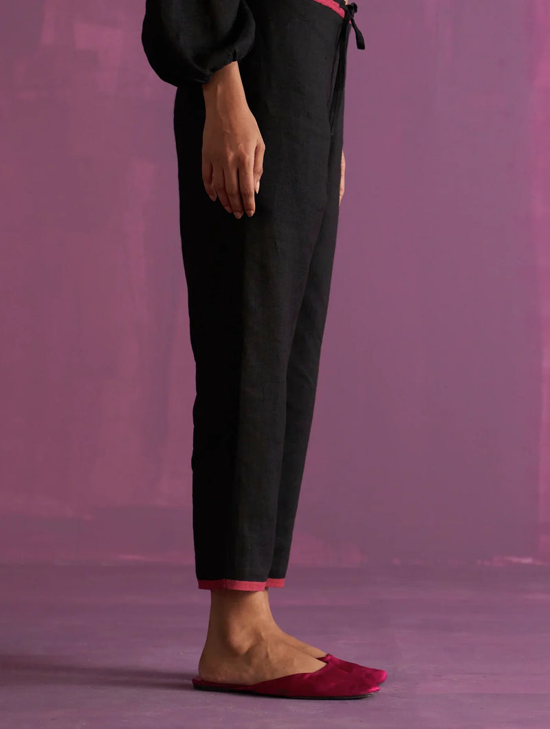 Irum Hand-Embroidered Kurta Set - Black linen by Manan in black color for women Worldwide