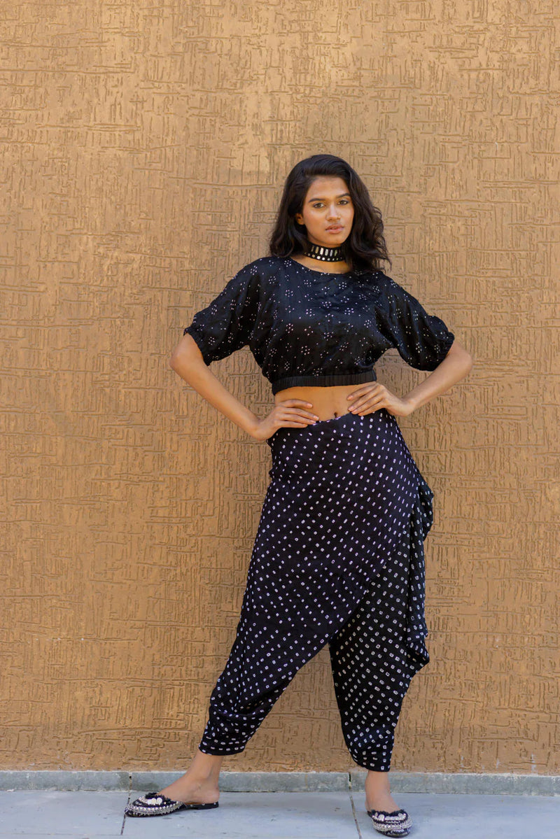 BANDHANI WRAP DHOTI-BLACK silk by Dyelogue in black color for women Worldwide