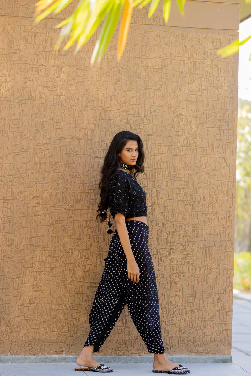 BANDHANI WRAP DHOTI-BLACK silk by Dyelogue in black color for women Worldwide
