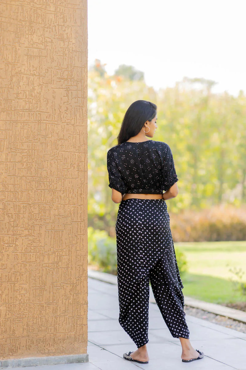 BANDHANI WRAP DHOTI-BLACK silk by Dyelogue in black color for women Worldwide