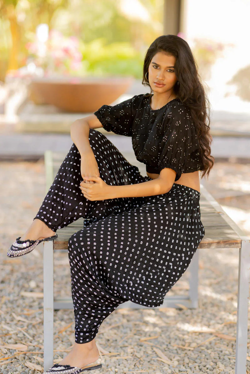 BANDHANI WRAP DHOTI-BLACK silk by Dyelogue in black color for women Worldwide