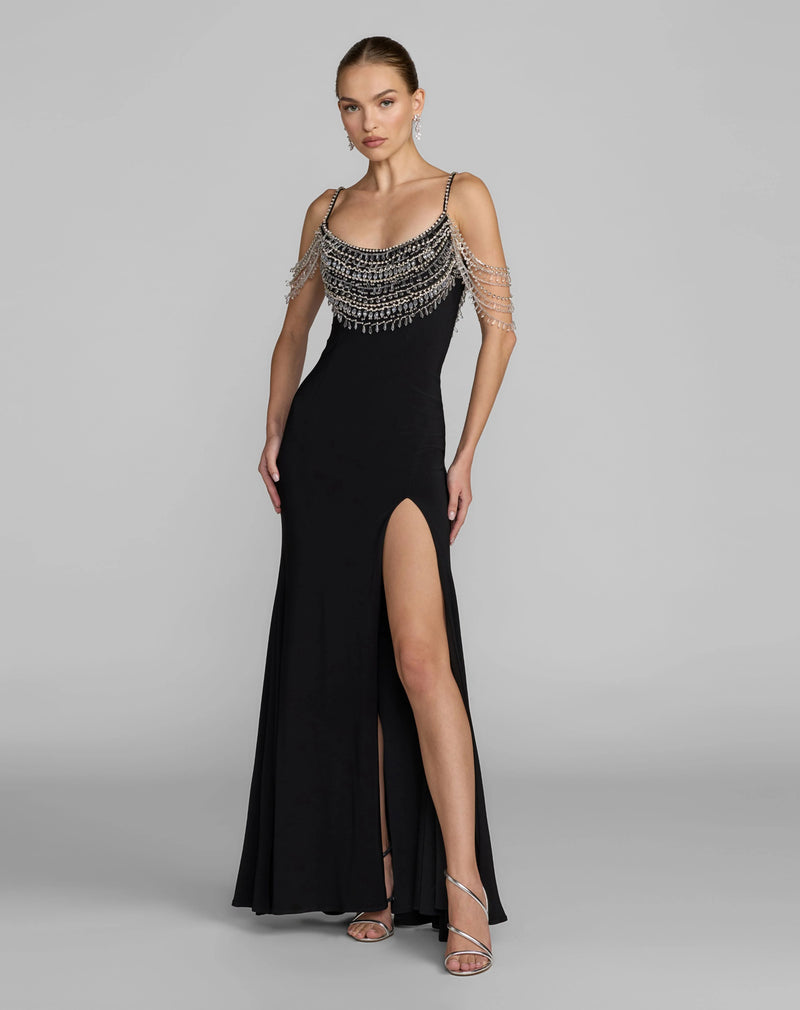 2375-Black Beaded Jersey Scoop Back Gown with Slit polyester evening-gowns by Mac Duggal in black for women Worldwide