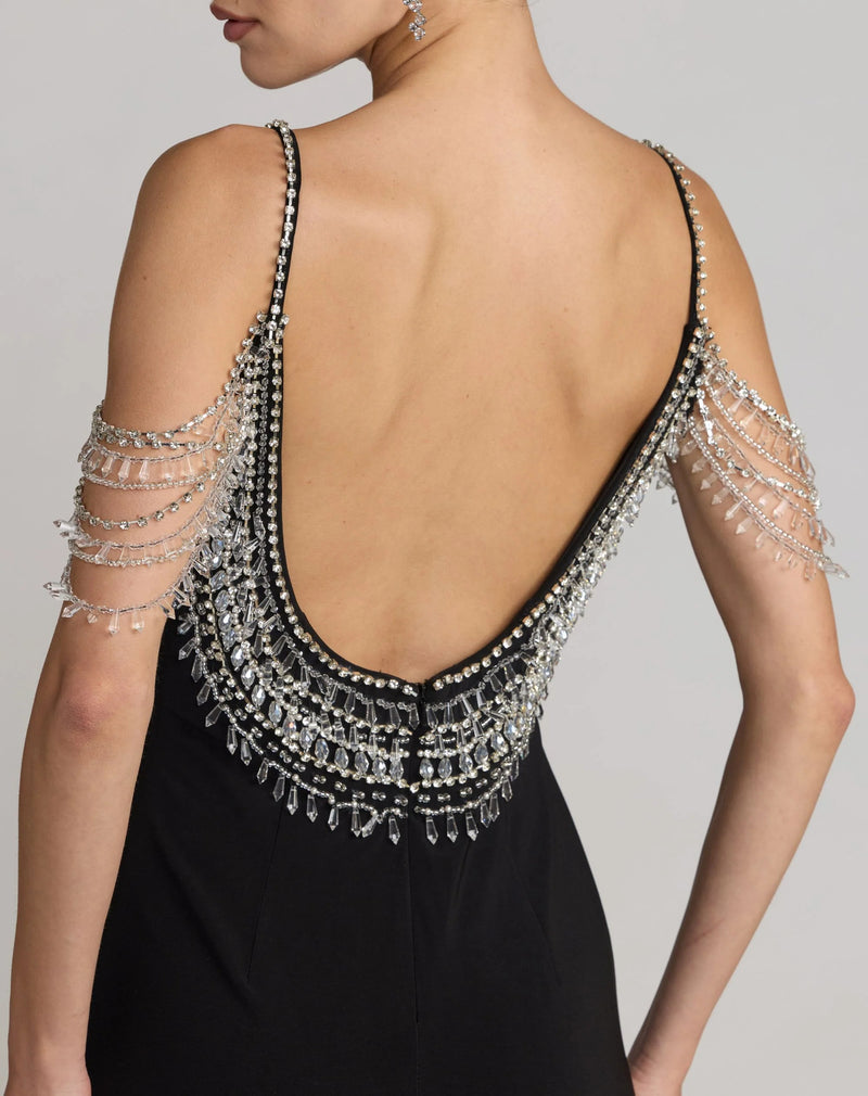 2375-Black Beaded Jersey Scoop Back Gown with Slit polyester evening-gowns by Mac Duggal in black for women Worldwide
