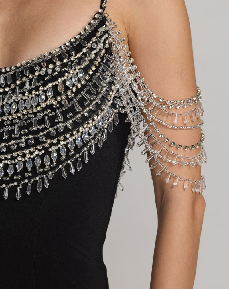2375-Black Beaded Jersey Scoop Back Gown with Slit polyester evening-gowns by Mac Duggal in black for women Worldwide