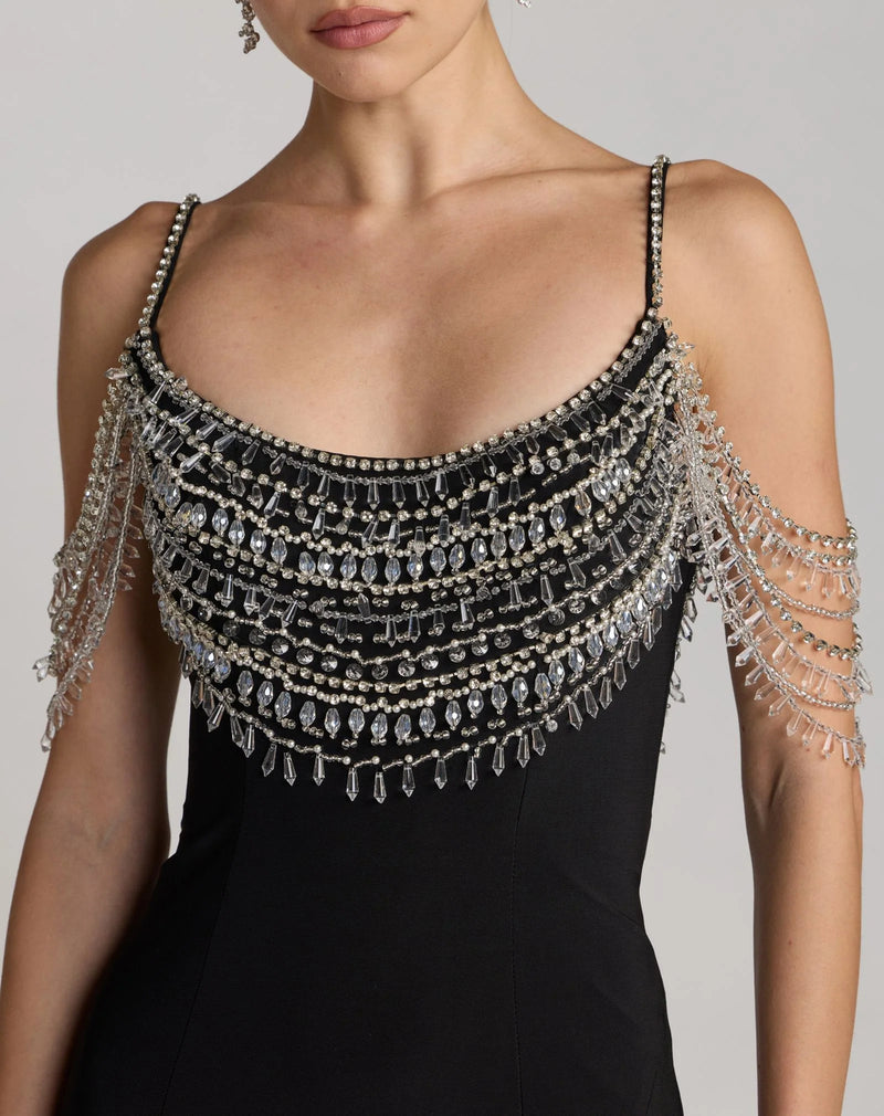 2375-Black Beaded Jersey Scoop Back Gown with Slit polyester evening-gowns by Mac Duggal in black for women Worldwide