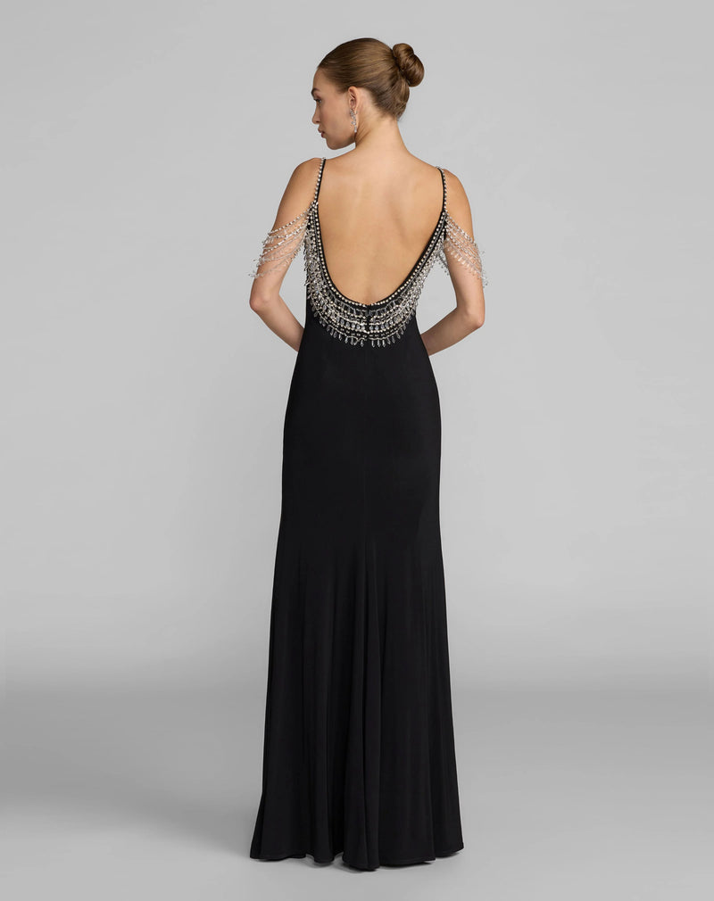 2375-Black Beaded Jersey Scoop Back Gown with Slit polyester evening-gowns by Mac Duggal in black for women Worldwide