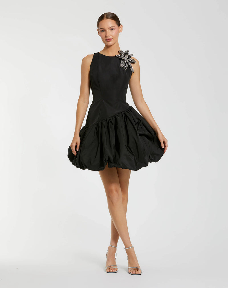 11952-Black Bubble Hem Mini Dress with 3D Floral Appliqué polyester cocktail-and-party-dresses by Mac Duggal in black for women Worldwide
