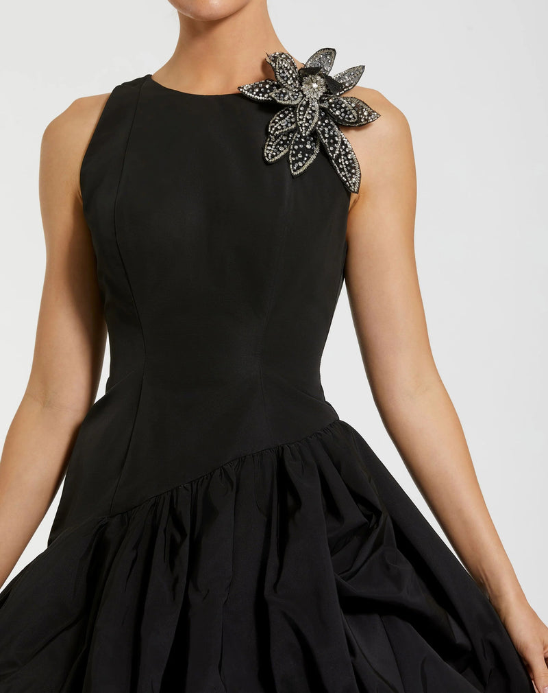 11952-Black Bubble Hem Mini Dress with 3D Floral Appliqué polyester cocktail-and-party-dresses by Mac Duggal in black for women Worldwide