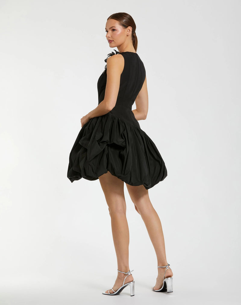 11952-Black Bubble Hem Mini Dress with 3D Floral Appliqué polyester cocktail-and-party-dresses by Mac Duggal in black for women Worldwide