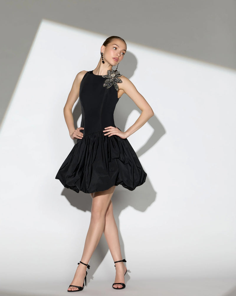 11952-Black Bubble Hem Mini Dress with 3D Floral Appliqué polyester cocktail-and-party-dresses by Mac Duggal in black for women Worldwide