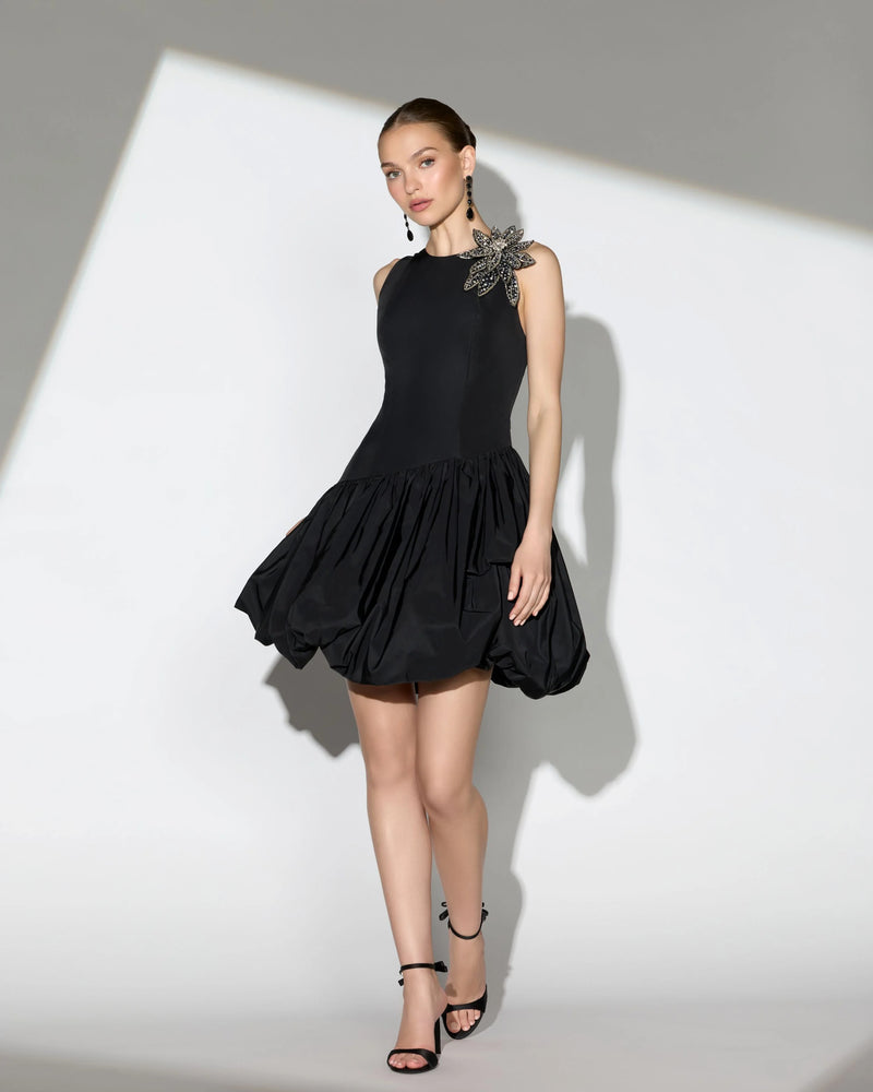 11952-Black Bubble Hem Mini Dress with 3D Floral Appliqué polyester cocktail-and-party-dresses by Mac Duggal in black for women Worldwide