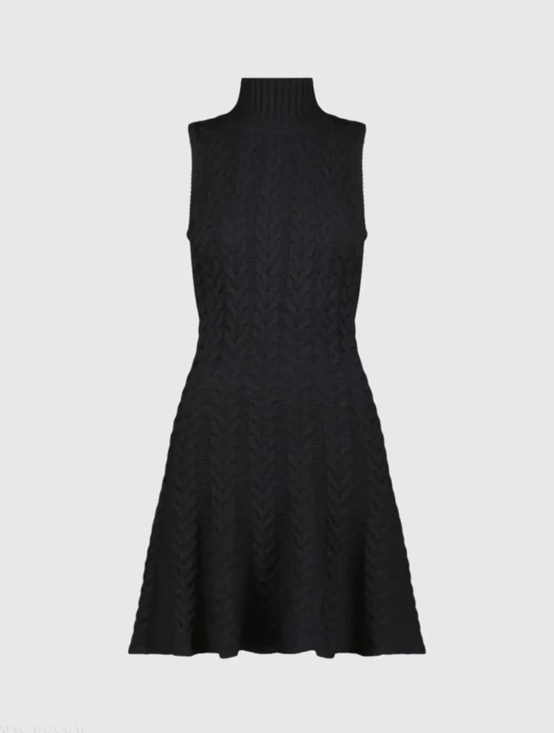 Black Cable Knit Turtle Neck Sleeveless Mini Sweater Knit Dress cotton by Mac Duggal in black color for women Worldwide