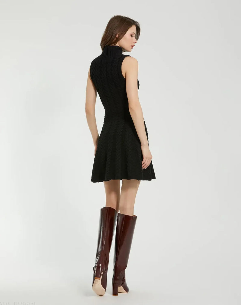 Black Cable Knit Turtle Neck Sleeveless Mini Sweater Knit Dress cotton by Mac Duggal in black color for women Worldwide