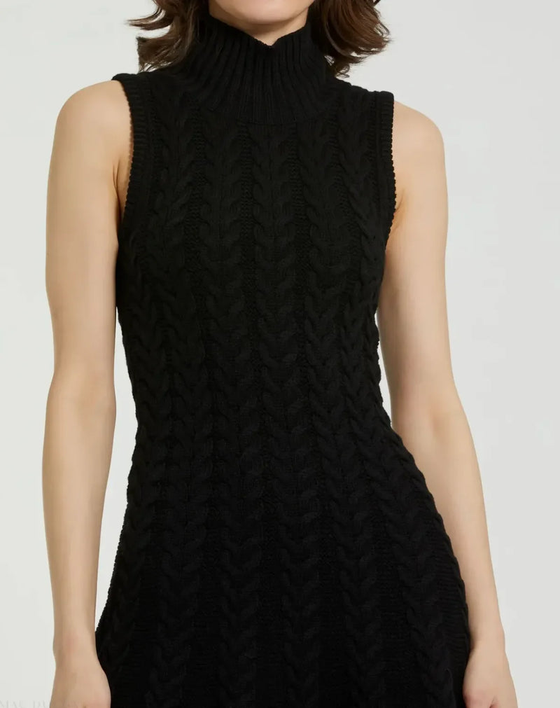 Black Cable Knit Turtle Neck Sleeveless Mini Sweater Knit Dress cotton by Mac Duggal in black color for women Worldwide