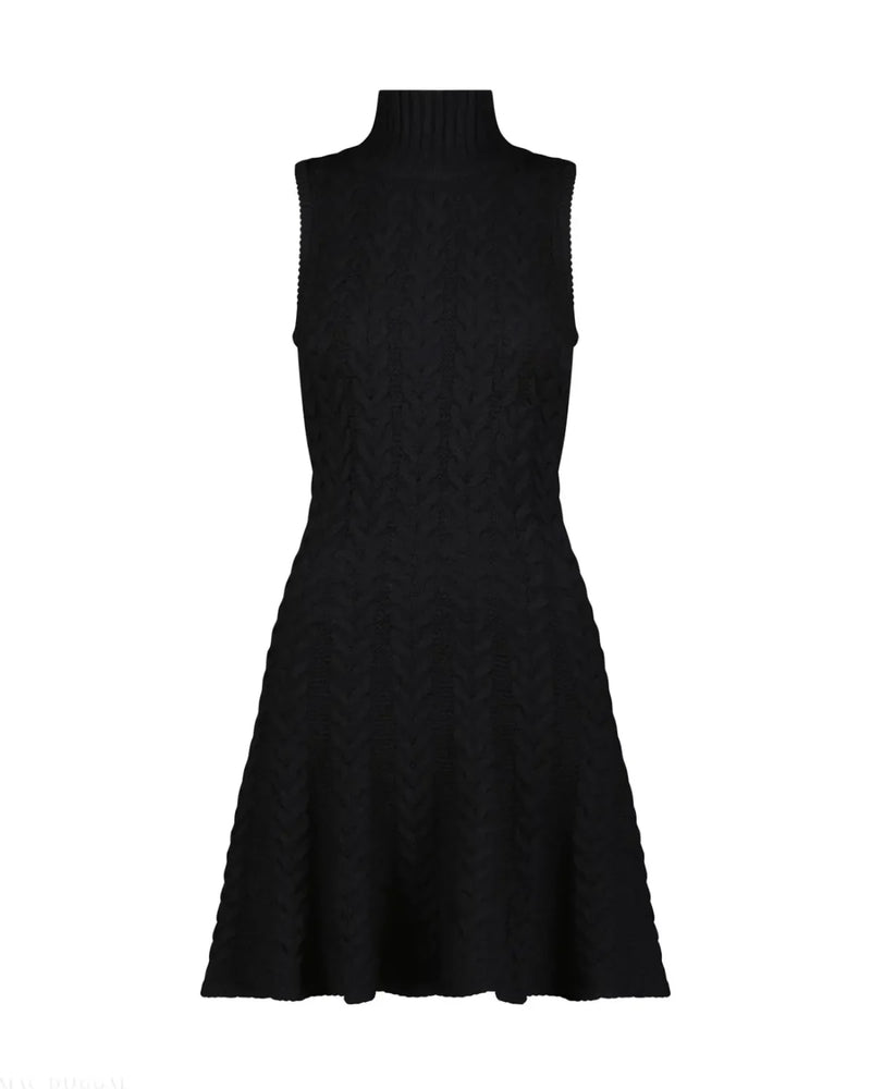 Black Cable Knit Turtle Neck Sleeveless Mini Sweater Knit Dress cotton by Mac Duggal in black color for women Worldwide
