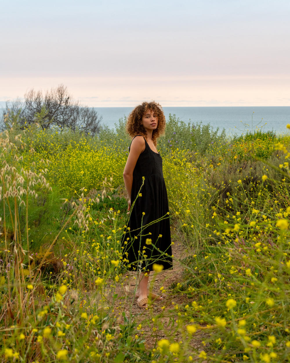 Black Cascade Midi Dress