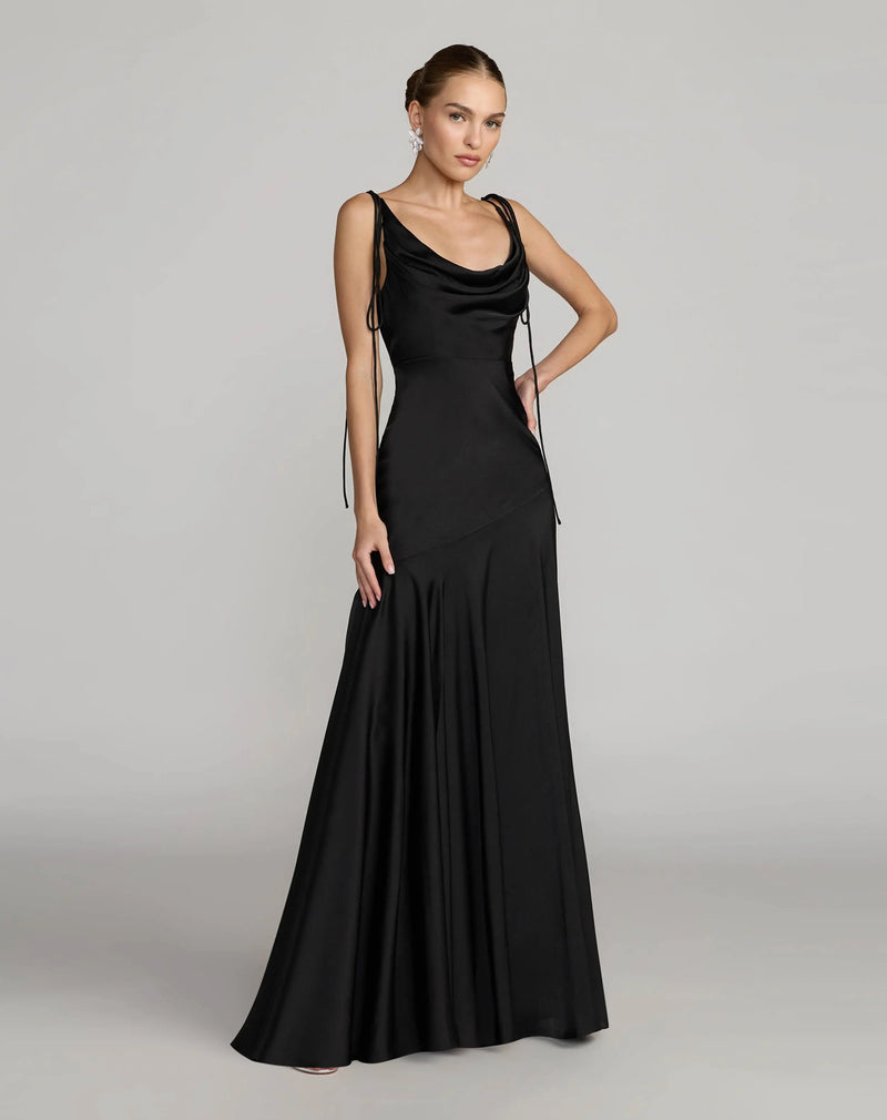 49914-Black Charmeuse Cowl Gown With Thin Bow Straps polyester evening-gowns by Mac Duggal in black for women Worldwide