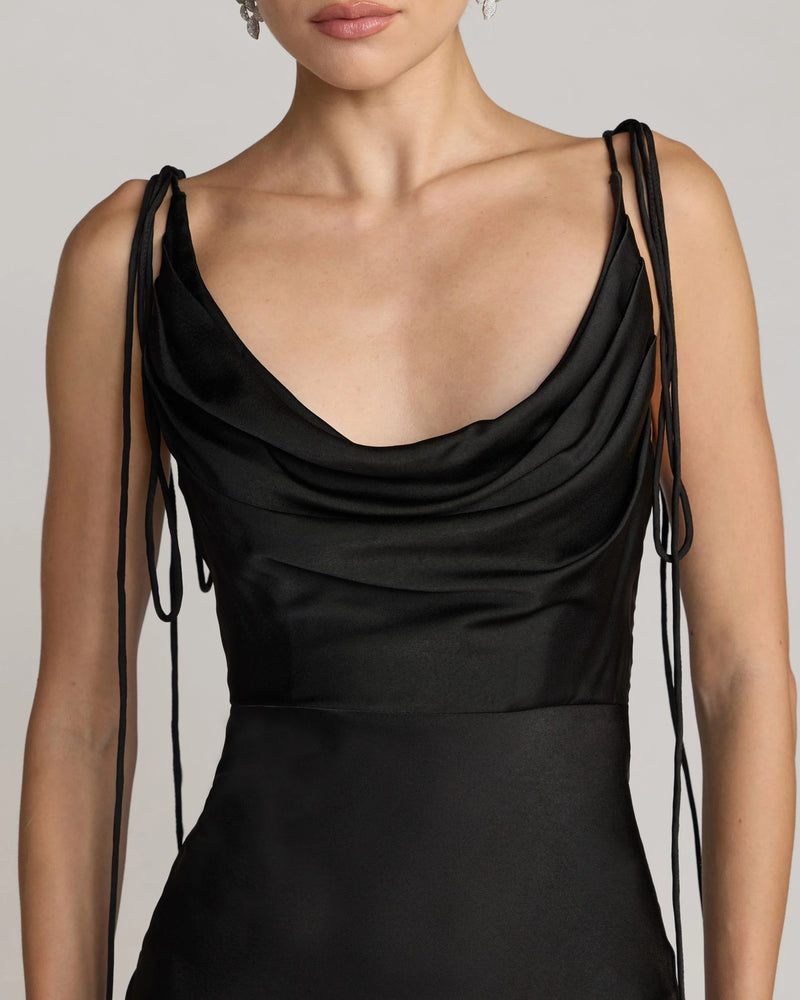 49914-Black Charmeuse Cowl Gown With Thin Bow Straps polyester evening-gowns by Mac Duggal in black for women Worldwide