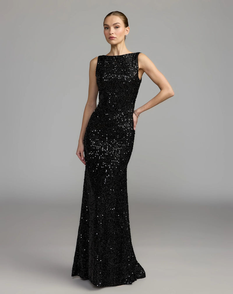 26331-Black Cowl Back Boat Neck Sequined Evening Gown polyester evening-gowns by Mac Duggal in black for women Worldwide
