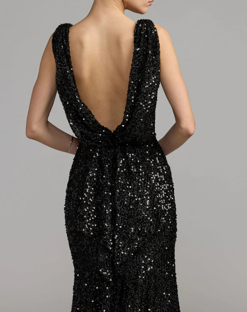 26331-Black Cowl Back Boat Neck Sequined Evening Gown polyester evening-gowns by Mac Duggal in black for women Worldwide