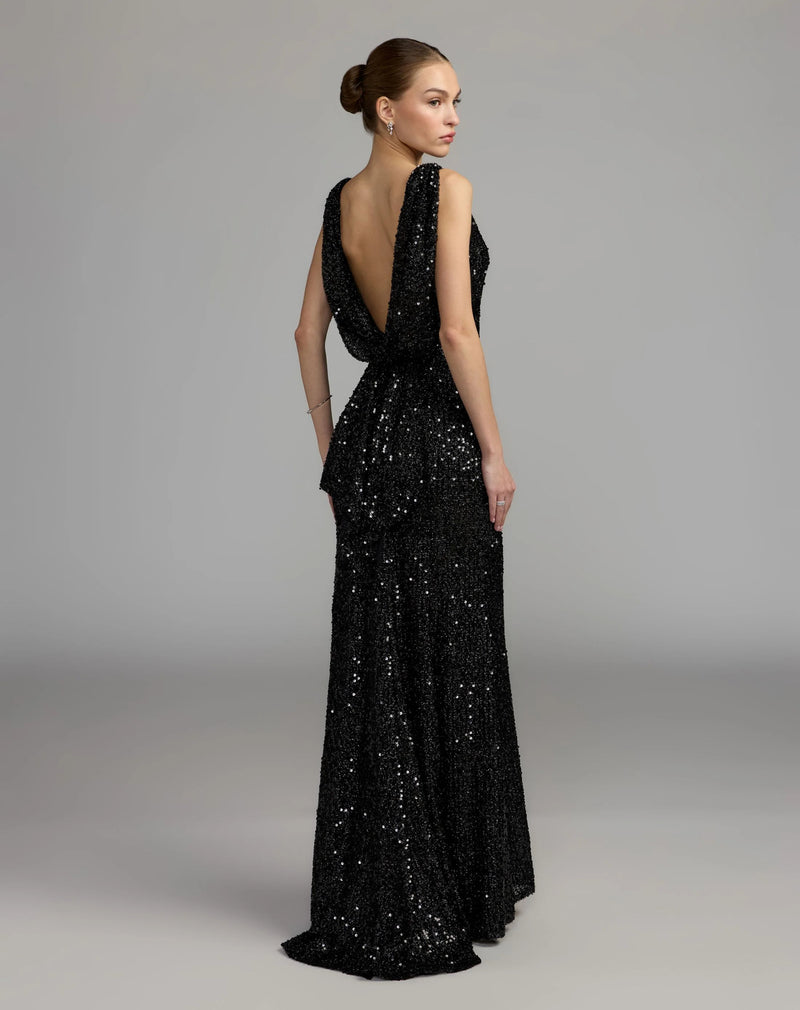 26331-Black Cowl Back Boat Neck Sequined Evening Gown polyester evening-gowns by Mac Duggal in black for women Worldwide