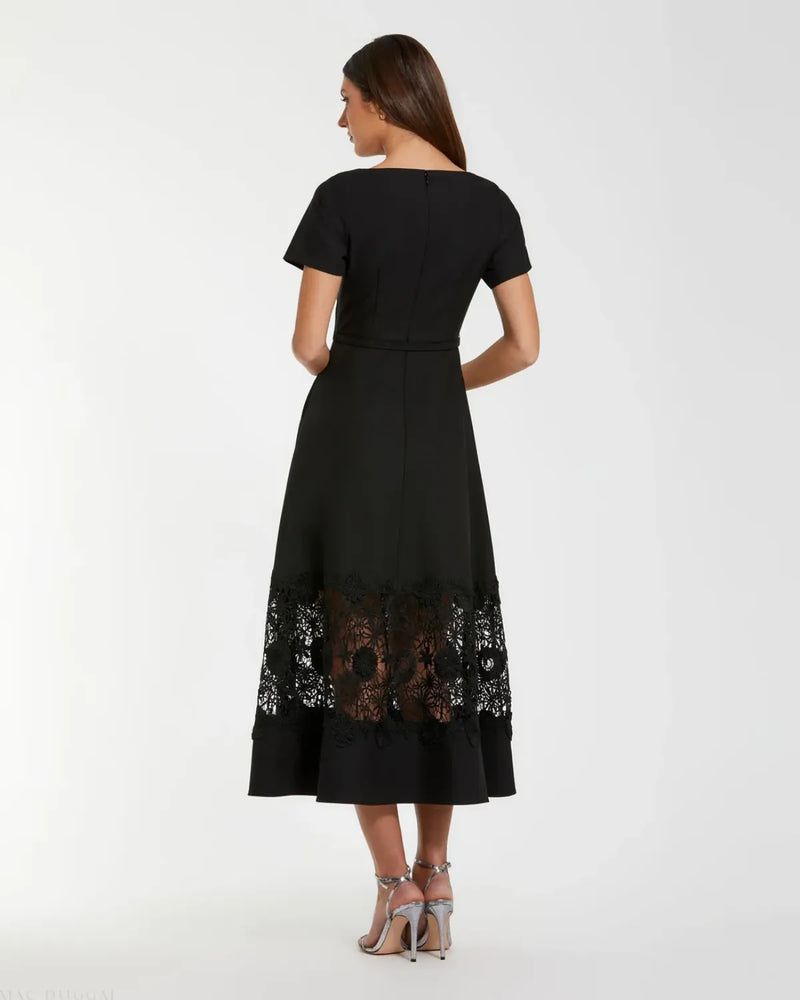 Black Crepe Boat Neck Midi Dress With Belt by Mac Duggal in black color for women Worldwide