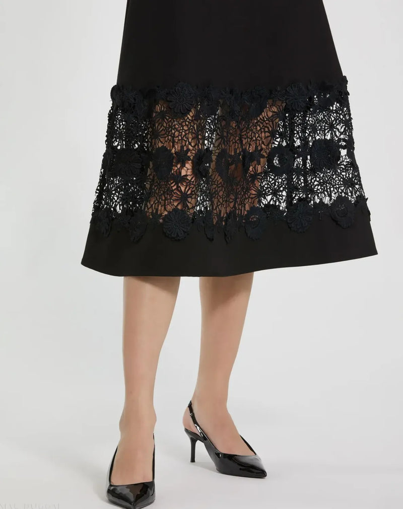 Black Crepe Boat Neck Midi Dress With Belt by Mac Duggal in black color for women Worldwide