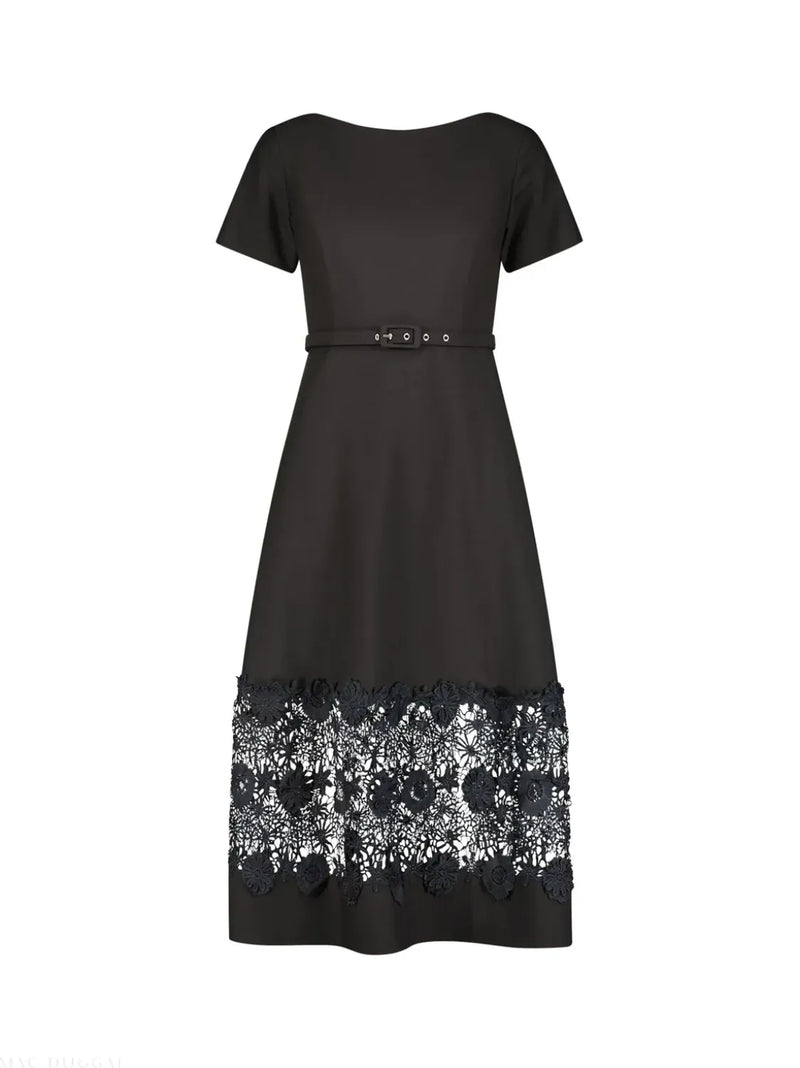 Black Crepe Boat Neck Midi Dress With Belt by Mac Duggal in black color for women Worldwide