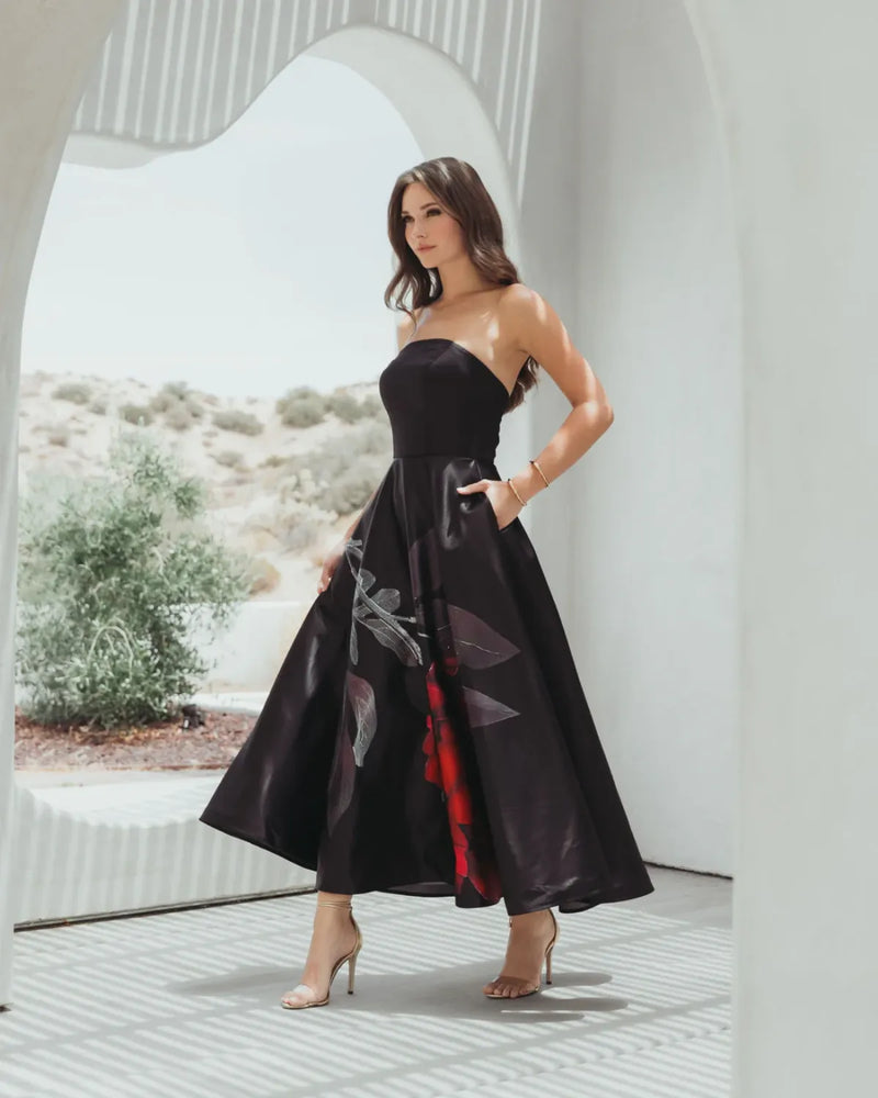 Black Crepe Printed Strapless Midi Dress With Pockets by Mac Duggal in black color for women Worldwide
