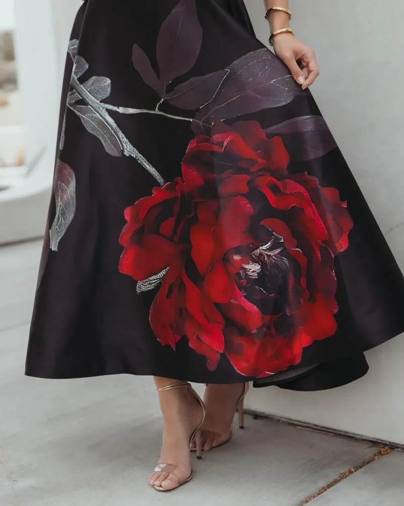 Black Crepe Printed Strapless Midi Dress With Pockets by Mac Duggal in black color for women Worldwide