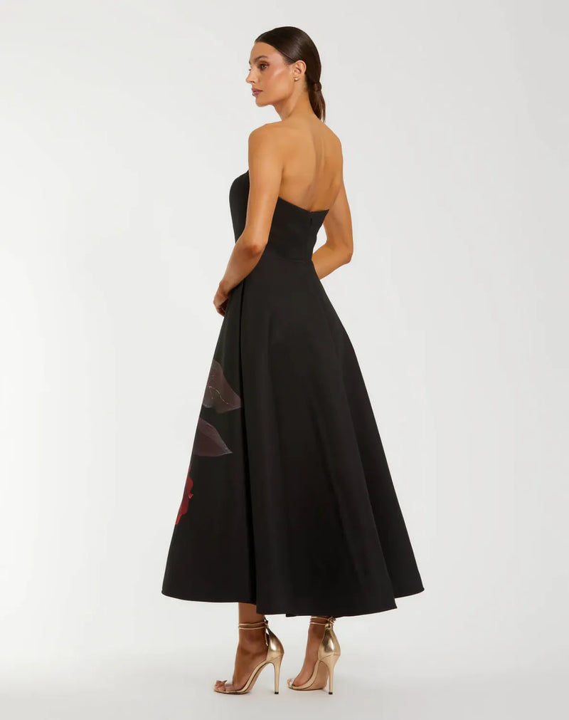 Black Crepe Printed Strapless Midi Dress With Pockets by Mac Duggal in black color for women Worldwide