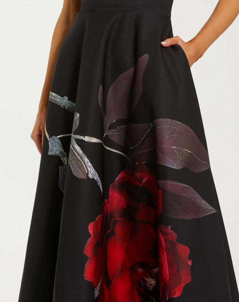 Black Crepe Printed Strapless Midi Dress With Pockets by Mac Duggal in black color for women Worldwide