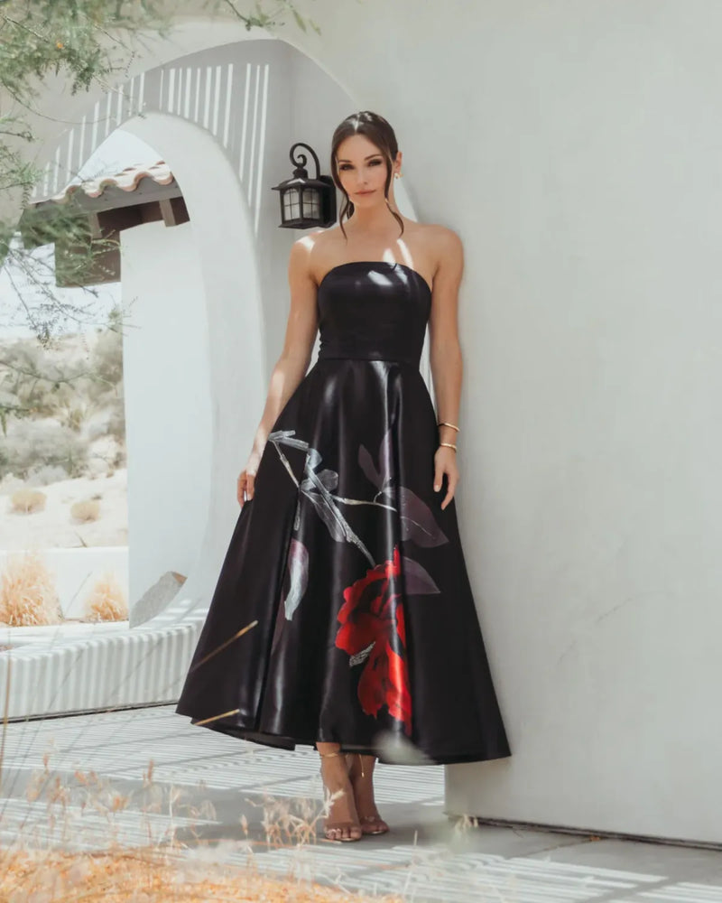 Black Crepe Printed Strapless Midi Dress With Pockets by Mac Duggal in black color for women Worldwide