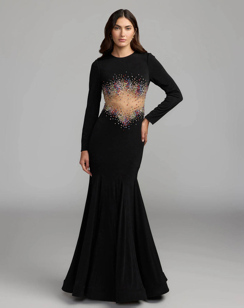 21432-Black Crystal Embellished Illusion Jersey Gown polyester evening-gowns by Mac Duggal in black for women Worldwide