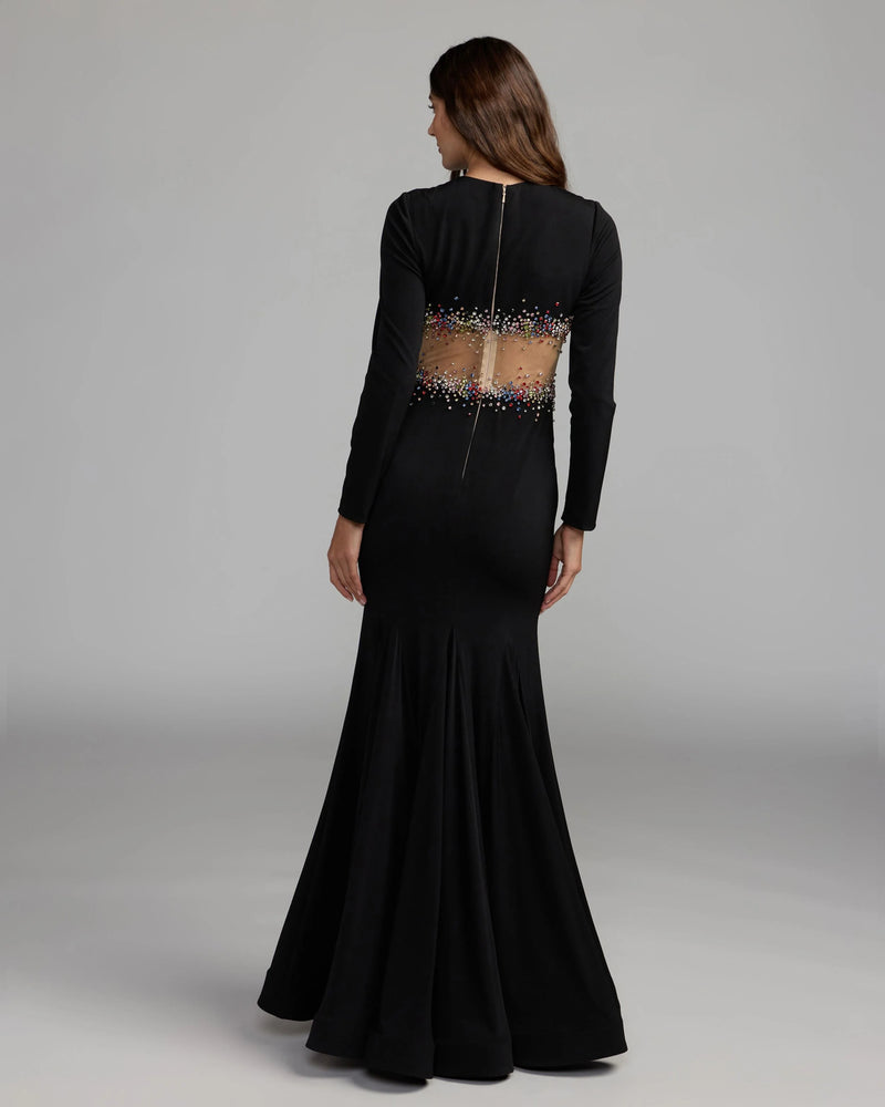 21432-Black Crystal Embellished Illusion Jersey Gown polyester evening-gowns by Mac Duggal in black for women Worldwide