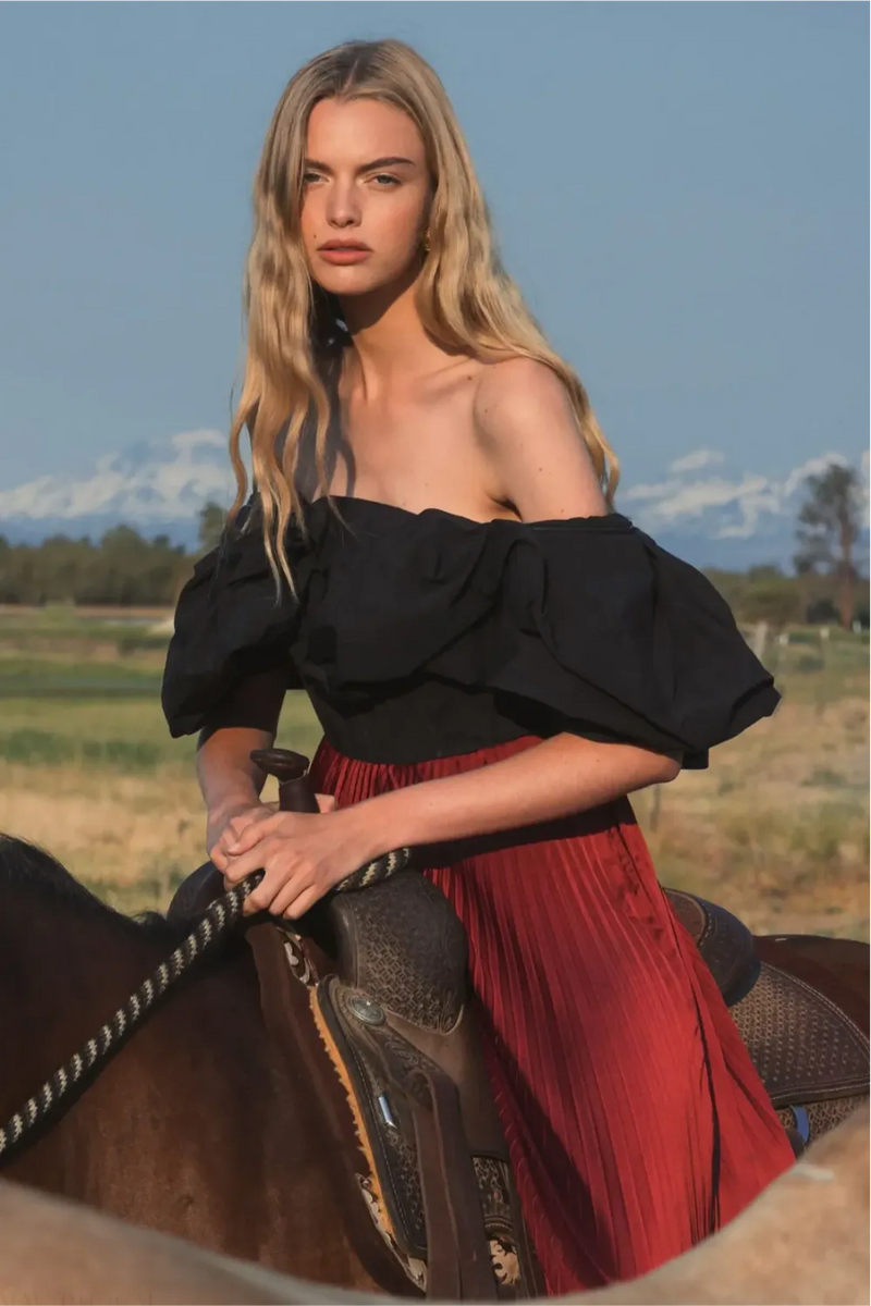 Black Faille Off The Shoulder Bustier Ruffle Top by Mac Duggal in black color for women Worldwide