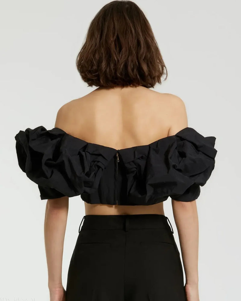 Black Faille Off The Shoulder Bustier Ruffle Top by Mac Duggal in black color for women Worldwide