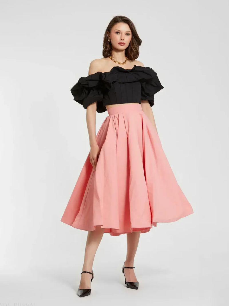 Black Faille Off The Shoulder Bustier Ruffle Top by Mac Duggal in black color for women Worldwide