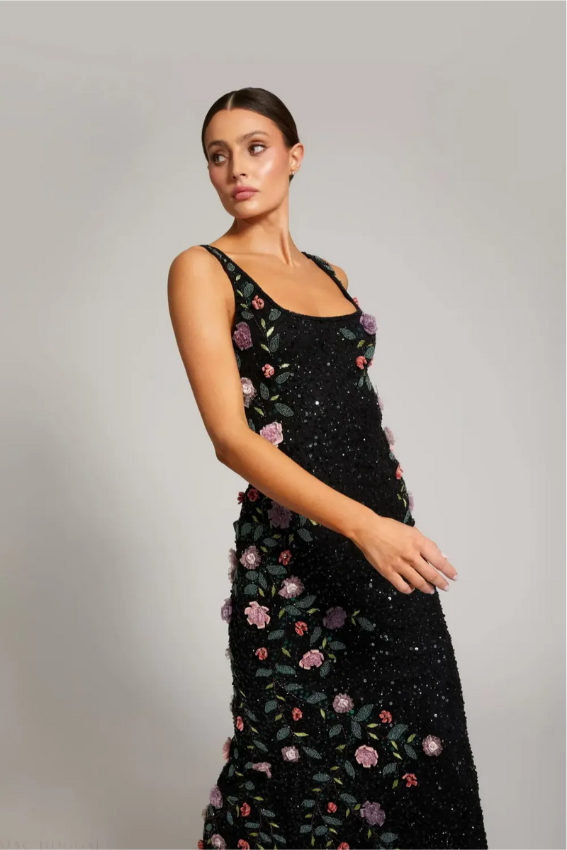 Black Floral Beaded Mesh Scoop Neck Sleeveless Gown by Mac Duggal in black color for women Worldwide