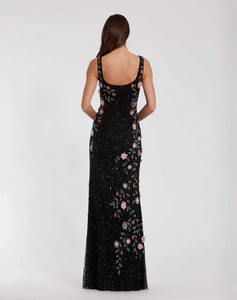 Black Floral Beaded Mesh Scoop Neck Sleeveless Gown by Mac Duggal in black color for women Worldwide